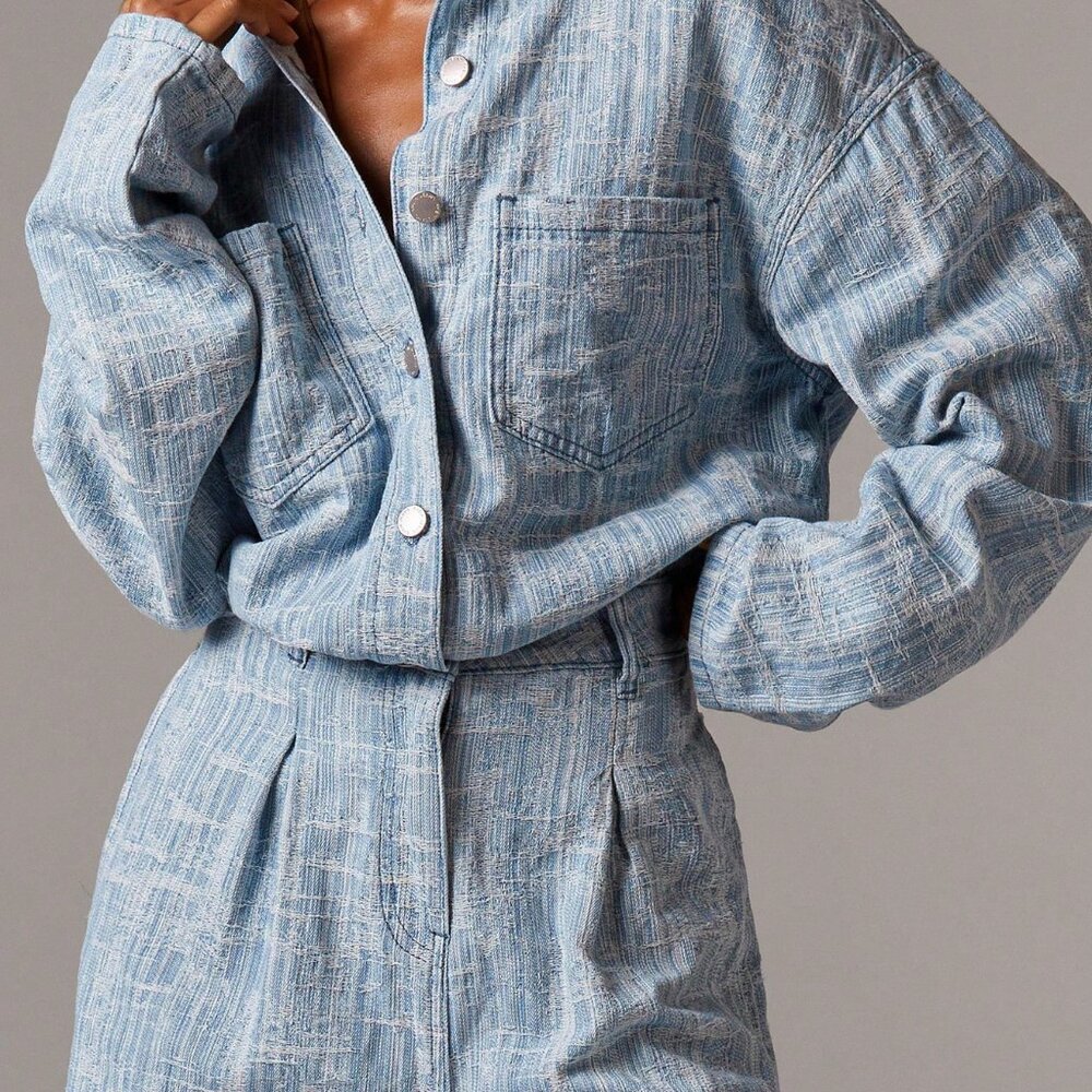 Blue Casual Women's Chambray Drop Shoulder Long Sleeve Wide Leg Denim Jumpsuit - Picture 5 of 5